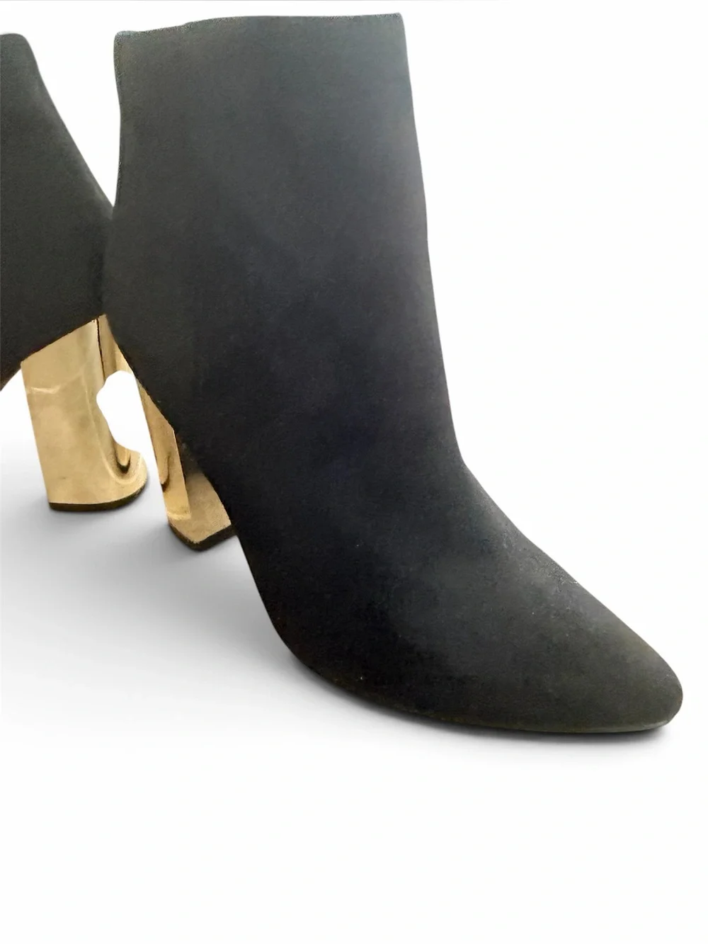 Boutique Ankle Booties Gold Mirror Block Heel Faux Suede Women’s Size 9